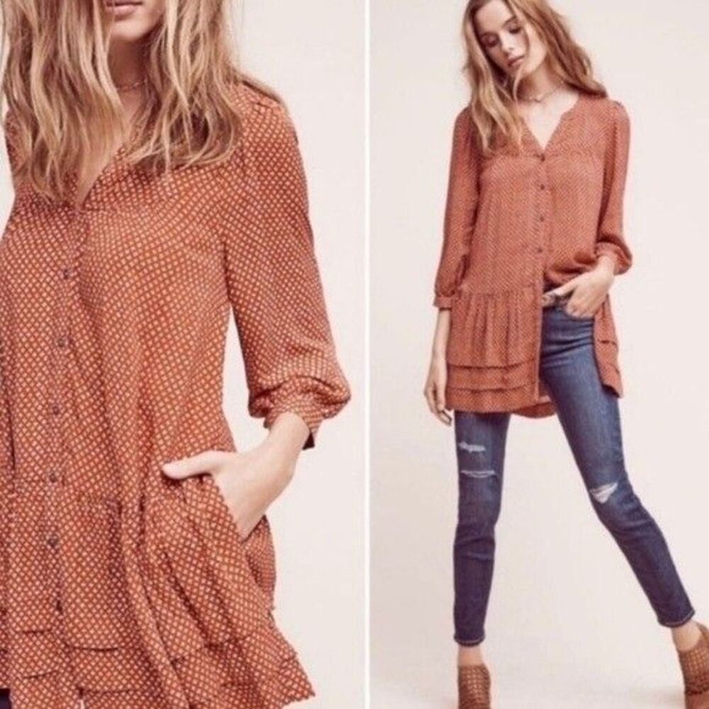 Anthropologie Holding Horses Pavin Tunic Dress Rust Orange Plaid Sz M Mini